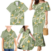Aloha Puakenikeni Anthurium Pikake Lei Family Matching Mermaid Dress and Hawaiian Shirt Green Hawaiian Palaka Pattern LT9 - Polynesian Pride