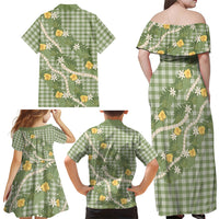 Aloha Puakenikeni Anthurium Pikake Lei Family Matching Off Shoulder Maxi Dress and Hawaiian Shirt Green Hawaiian Palaka Pattern LT9 - Polynesian Pride