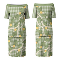Aloha Puakenikeni Anthurium Pikake Lei Family Matching Puletasi and Hawaiian Shirt Green Hawaiian Palaka Pattern LT9 Mom's Dress Green - Polynesian Pride