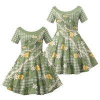 Aloha Puakenikeni Anthurium Pikake Lei Family Matching Puletasi and Hawaiian Shirt Green Hawaiian Palaka Pattern LT9 Daughter's Dress Green - Polynesian Pride