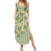 Aloha Puakenikeni Anthurium Pikake Lei Family Matching Summer Maxi Dress and Hawaiian Shirt Green Hawaiian Palaka Pattern LT9 Mom's Dress Green - Polynesian Pride