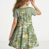 Aloha Puakenikeni Anthurium Pikake Lei Kid Short Sleeve Dress Green Hawaiian Palaka Pattern LT9 - Polynesian Pride