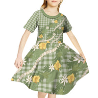 Aloha Puakenikeni Anthurium Pikake Lei Kid Short Sleeve Dress Green Hawaiian Palaka Pattern