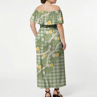 Aloha Puakenikeni Anthurium Pikake Lei Off Shoulder Maxi Dress Green Hawaiian Palaka Pattern LT9 - Polynesian Pride