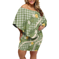 Aloha Puakenikeni Anthurium Pikake Lei Off Shoulder Short Dress Green Hawaiian Palaka Pattern LT9 Women Green - Polynesian Pride