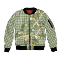 Aloha Puakenikeni Anthurium Pikake Lei Sleeve Zip Bomber Jacket Green Hawaiian Palaka Pattern