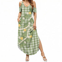Aloha Puakenikeni Anthurium Pikake Lei Summer Maxi Dress Green Hawaiian Palaka Pattern LT9 Women Green - Polynesian Pride
