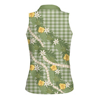 Aloha Puakenikeni Anthurium Pikake Lei Women Sleeveless Polo Shirt Green Hawaiian Palaka Pattern