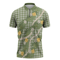 Aloha Puakenikeni Anthurium Pikake Lei Zipper Polo Shirt Green Hawaiian Palaka Pattern LT9 Green - Polynesian Pride