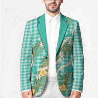 Aloha Puakenikeni Anthurium Pikake Lei Blazer Marine Hawaiian Palaka Pattern