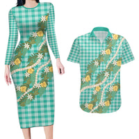 Aloha Puakenikeni Anthurium Pikake Lei Couples Matching Long Sleeve Bodycon Dress and Hawaiian Shirt Marine Hawaiian Palaka Pattern LT9 Marine - Polynesian Pride