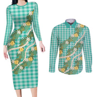 Aloha Puakenikeni Anthurium Pikake Lei Couples Matching Long Sleeve Bodycon Dress and Long Sleeve Button Shirt Marine Hawaiian Palaka Pattern LT9 Marine - Polynesian Pride