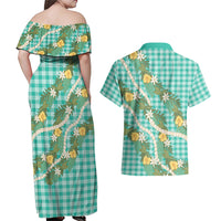 Aloha Puakenikeni Anthurium Pikake Lei Couples Matching Off Shoulder Maxi Dress and Hawaiian Shirt Marine Hawaiian Palaka Pattern LT9 - Polynesian Pride
