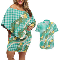 Aloha Puakenikeni Anthurium Pikake Lei Couples Matching Off Shoulder Short Dress and Hawaiian Shirt Marine Hawaiian Palaka Pattern LT9 Marine - Polynesian Pride