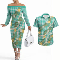 Aloha Puakenikeni Anthurium Pikake Lei Couples Matching Off The Shoulder Long Sleeve Dress and Hawaiian Shirt Marine Hawaiian Palaka Pattern LT9 Marine - Polynesian Pride