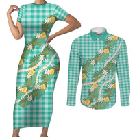 Aloha Puakenikeni Anthurium Pikake Lei Couples Matching Short Sleeve Bodycon Dress and Long Sleeve Button Shirt Marine Hawaiian Palaka Pattern LT9 Marine - Polynesian Pride