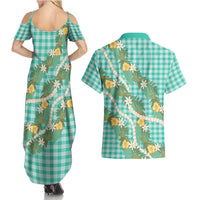 Aloha Puakenikeni Anthurium Pikake Lei Couples Matching Summer Maxi Dress and Hawaiian Shirt Marine Hawaiian Palaka Pattern LT9 - Polynesian Pride