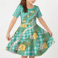 Aloha Puakenikeni Anthurium Pikake Lei Kid Short Sleeve Dress Marine Hawaiian Palaka Pattern LT9 KID Marine - Polynesian Pride
