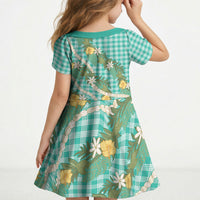 Aloha Puakenikeni Anthurium Pikake Lei Kid Short Sleeve Dress Marine Hawaiian Palaka Pattern LT9 - Polynesian Pride
