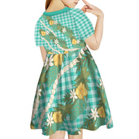 Aloha Puakenikeni Anthurium Pikake Lei Kid Short Sleeve Dress Marine Hawaiian Palaka Pattern