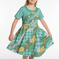 Aloha Puakenikeni Anthurium Pikake Lei Kid Short Sleeve Dress Marine Hawaiian Palaka Pattern LT9 - Polynesian Pride