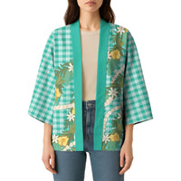 Aloha Puakenikeni Anthurium Pikake Lei Kimono Marine Hawaiian Palaka Pattern