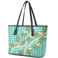 Aloha Puakenikeni Anthurium Pikake Lei Leather Tote Bag Marine Hawaiian Palaka Pattern LT9 - Polynesian Pride