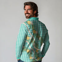 Aloha Puakenikeni Anthurium Pikake Lei Long Sleeve Polo Shirt Marine Hawaiian Palaka Pattern