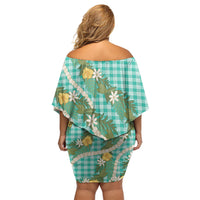 Aloha Puakenikeni Anthurium Pikake Lei Off Shoulder Short Dress Marine Hawaiian Palaka Pattern