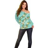 Aloha Puakenikeni Anthurium Pikake Lei Off Shoulder Sweater Marine Hawaiian Palaka Pattern