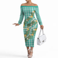 Aloha Puakenikeni Anthurium Pikake Lei Off The Shoulder Long Sleeve Dress Marine Hawaiian Palaka Pattern LT9 Women Marine - Polynesian Pride