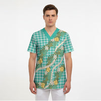 Aloha Puakenikeni Anthurium Pikake Lei Scrub Top Marine Hawaiian Palaka Pattern