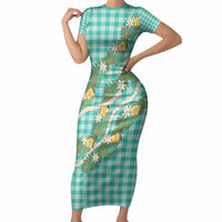 Aloha Puakenikeni Anthurium Pikake Lei Short Sleeve Bodycon Dress Marine Hawaiian Palaka Pattern LT9 Long Dress Marine - Polynesian Pride
