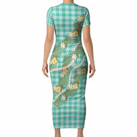 Aloha Puakenikeni Anthurium Pikake Lei Short Sleeve Bodycon Dress Marine Hawaiian Palaka Pattern LT9 - Polynesian Pride