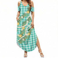 Aloha Puakenikeni Anthurium Pikake Lei Summer Maxi Dress Marine Hawaiian Palaka Pattern LT9 Women Marine - Polynesian Pride