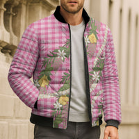 Aloha Puakenikeni Anthurium Pikake Lei Bomber Puffer Jacket Tropical Pink Hawaiian Palaka Pattern