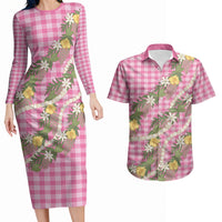 Aloha Puakenikeni Anthurium Pikake Lei Couples Matching Long Sleeve Bodycon Dress and Hawaiian Shirt Tropical Pink Hawaiian Palaka Pattern LT9 Pink - Polynesian Pride