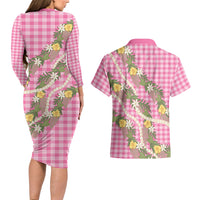 Aloha Puakenikeni Anthurium Pikake Lei Couples Matching Long Sleeve Bodycon Dress and Hawaiian Shirt Tropical Pink Hawaiian Palaka Pattern LT9 - Polynesian Pride