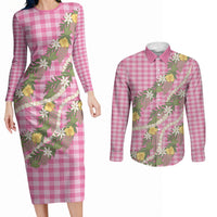 Aloha Puakenikeni Anthurium Pikake Lei Couples Matching Long Sleeve Bodycon Dress and Long Sleeve Button Shirt Tropical Pink Hawaiian Palaka Pattern LT9 Pink - Polynesian Pride