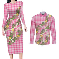 Aloha Puakenikeni Anthurium Pikake Lei Couples Matching Long Sleeve Bodycon Dress and Long Sleeve Button Shirt Tropical Pink Hawaiian Palaka Pattern