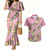 Aloha Puakenikeni Anthurium Pikake Lei Couples Matching Mermaid Dress and Hawaiian Shirt Tropical Pink Hawaiian Palaka Pattern LT9 Pink - Polynesian Pride
