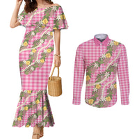 Aloha Puakenikeni Anthurium Pikake Lei Couples Matching Mermaid Dress and Long Sleeve Button Shirt Tropical Pink Hawaiian Palaka Pattern LT9 Pink - Polynesian Pride