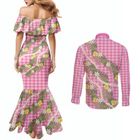 Aloha Puakenikeni Anthurium Pikake Lei Couples Matching Mermaid Dress and Long Sleeve Button Shirt Tropical Pink Hawaiian Palaka Pattern LT9 - Polynesian Pride