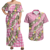 Aloha Puakenikeni Anthurium Pikake Lei Couples Matching Off Shoulder Maxi Dress and Hawaiian Shirt Tropical Pink Hawaiian Palaka Pattern LT9 Pink - Polynesian Pride