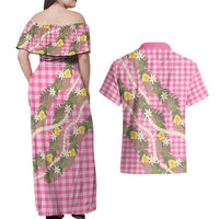 Aloha Puakenikeni Anthurium Pikake Lei Couples Matching Off Shoulder Maxi Dress and Hawaiian Shirt Tropical Pink Hawaiian Palaka Pattern LT9 - Polynesian Pride