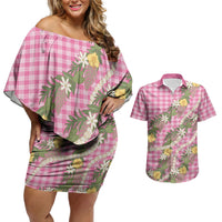 Aloha Puakenikeni Anthurium Pikake Lei Couples Matching Off Shoulder Short Dress and Hawaiian Shirt Tropical Pink Hawaiian Palaka Pattern LT9 Pink - Polynesian Pride