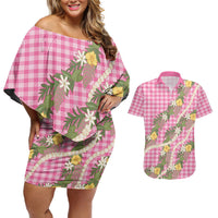 Aloha Puakenikeni Anthurium Pikake Lei Couples Matching Off Shoulder Short Dress and Hawaiian Shirt Tropical Pink Hawaiian Palaka Pattern
