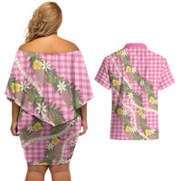 Aloha Puakenikeni Anthurium Pikake Lei Couples Matching Off Shoulder Short Dress and Hawaiian Shirt Tropical Pink Hawaiian Palaka Pattern LT9 - Polynesian Pride