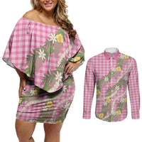 Aloha Puakenikeni Anthurium Pikake Lei Couples Matching Off Shoulder Short Dress and Long Sleeve Button Shirt Tropical Pink Hawaiian Palaka Pattern LT9 Pink - Polynesian Pride