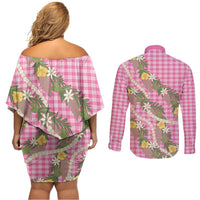 Aloha Puakenikeni Anthurium Pikake Lei Couples Matching Off Shoulder Short Dress and Long Sleeve Button Shirt Tropical Pink Hawaiian Palaka Pattern